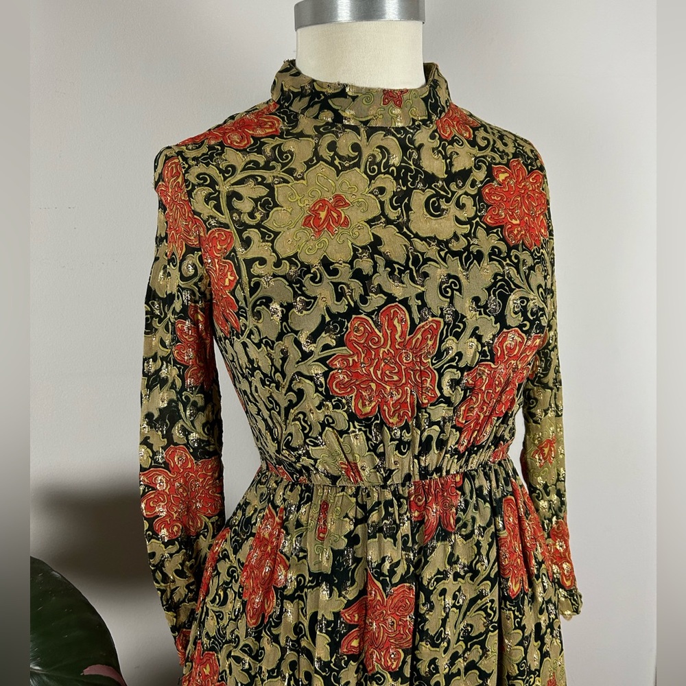 Vintage 60’s Gold Mock Neck Floral Maxi India Cotton Party Dress with Pockets